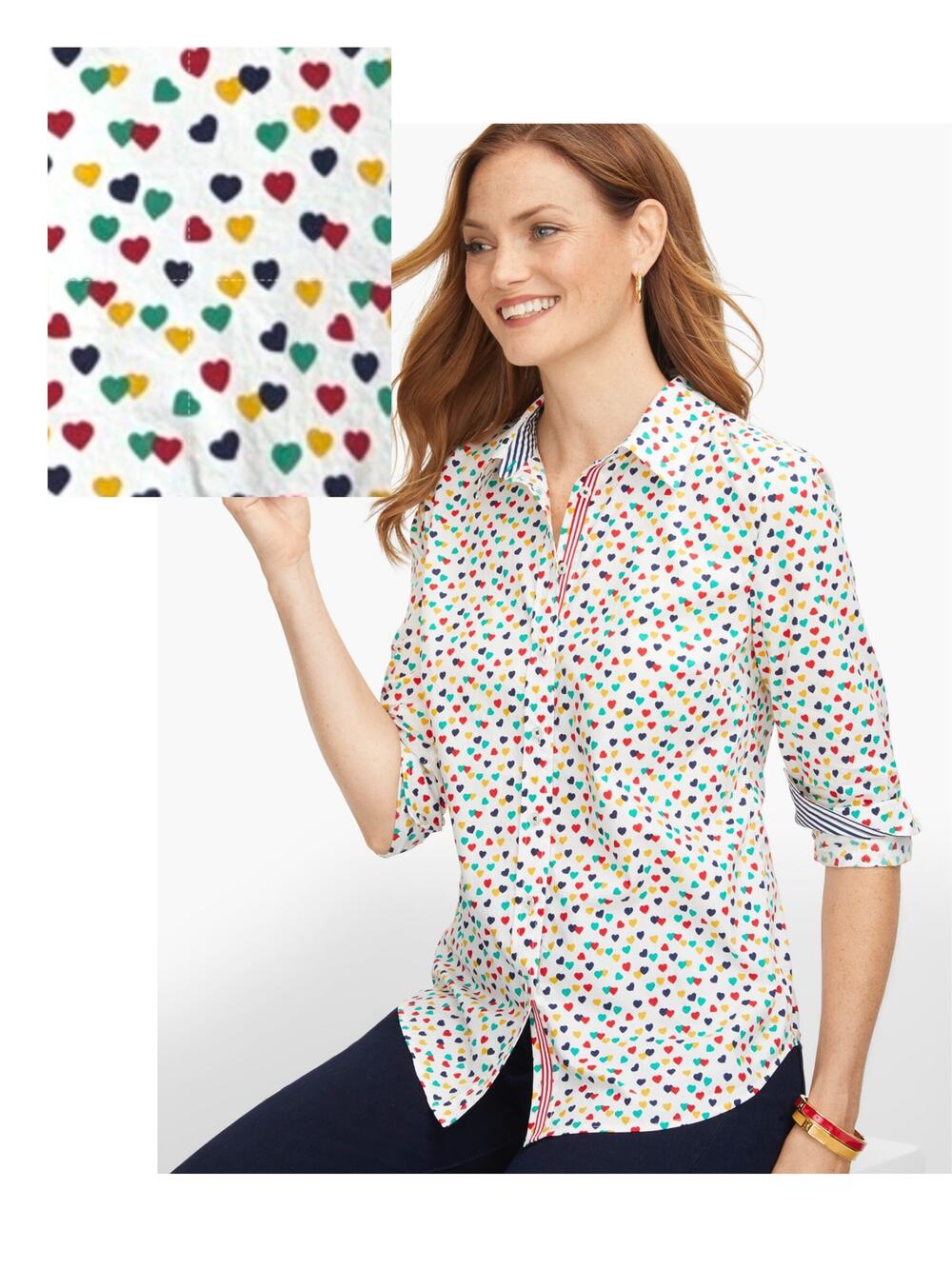 Talbots Classic 100% Cotton Shirt in Colorful Ditsy Hearts Print, Medium
